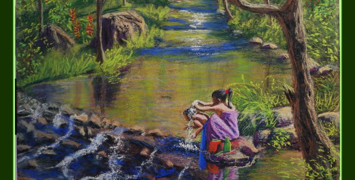 Girl shampooing her little sister hair in spring, Luang Namta, Laos. 28 Dec 2018 .ילדה חופפת שיער אחותה הקטנה בנחל, לואנג נמטה, לאוס